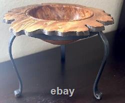 VTG Hand Carved New Zealand Silver Beech BURL WOOD BOWL and IRON PEDESTAL SIGNED