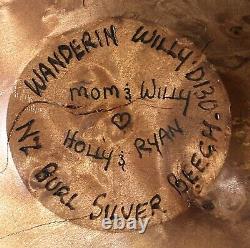 VTG Hand Carved New Zealand Silver Beech BURL WOOD BOWL and IRON PEDESTAL SIGNED