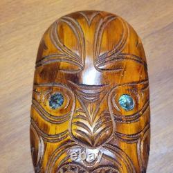 VTG Maori Rotorua New Zealand Moana Wood Carving Polynesian Shell Tiki Mask 10