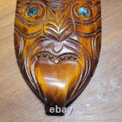 VTG Maori Rotorua New Zealand Moana Wood Carving Polynesian Shell Tiki Mask 10