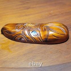 VTG Maori Rotorua New Zealand Moana Wood Carving Polynesian Shell Tiki Mask 10