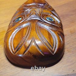 VTG Maori Rotorua New Zealand Moana Wood Carving Polynesian Shell Tiki Mask 10
