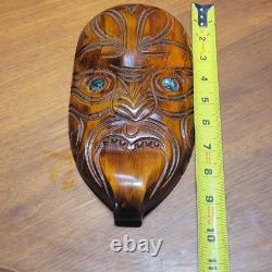 VTG Maori Rotorua New Zealand Moana Wood Carving Polynesian Shell Tiki Mask 10