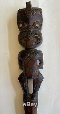 Vintage 20th C Rotorua, New Zealand Maori Tribe Teko Teko Carved Wood Spear 19