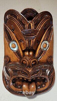 Vintage Hand Carved Maori New Zealand Wooden Face Mask With Paua Shell Eyes