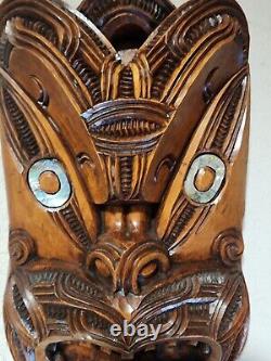 Vintage Hand Carved Maori New Zealand Wooden Face Mask With Paua Shell Eyes