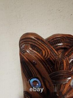 Vintage Hand Carved Maori New Zealand Wooden Face Mask With Paua Shell Eyes