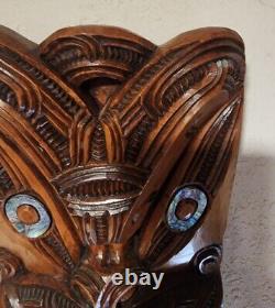 Vintage Hand Carved Maori New Zealand Wooden Face Mask With Paua Shell Eyes