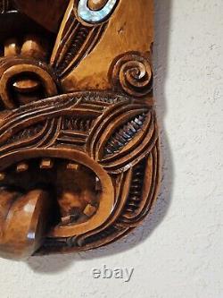 Vintage Hand Carved Maori New Zealand Wooden Face Mask With Paua Shell Eyes