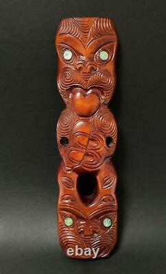 Vintage Hand Carved Maori Tiki Wooden Panel Wall Hanging Rotorua New Zealand
