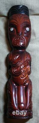 Vintage Hand Carved Wood Maori Tiki Carving Statue Man Artist Signed New Zealand