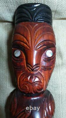 Vintage Hand Carved Wood Maori Tiki Carving Statue Man Artist Signed New Zealand