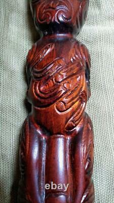 Vintage Hand Carved Wood Maori Tiki Carving Statue Man Artist Signed New Zealand