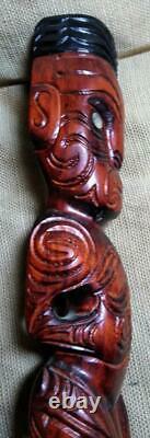 Vintage Hand Carved Wood Maori Tiki Carving Statue Man Artist Signed New Zealand