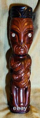 Vintage Hand Carved Wood Maori Tiki Carving Statue Man Artist Signed New Zealand