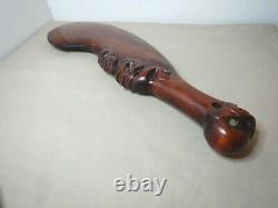 Vintage Hand Carved Wood New Zealand Maori Club With Shell Inset Eyes