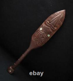 Vintage Handcarved Wooden Maori Tiki Hoe Dance Paddle Paua Shell New Zealand