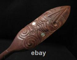 Vintage Handcarved Wooden Maori Tiki Hoe Dance Paddle Paua Shell New Zealand