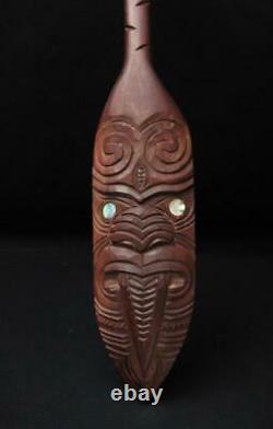 Vintage Handcarved Wooden Maori Tiki Hoe Dance Paddle Paua Shell New Zealand