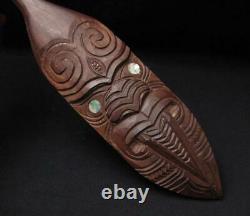 Vintage Handcarved Wooden Maori Tiki Hoe Dance Paddle Paua Shell New Zealand