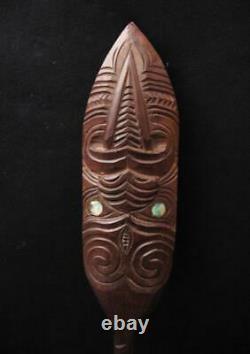 Vintage Handcarved Wooden Maori Tiki Hoe Dance Paddle Paua Shell New Zealand