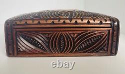 Vintage Kauri Workshop Wooden Carved Box Maori Signed Shell Eye Tiki New Zealand