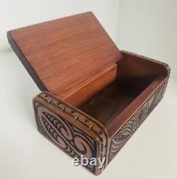 Vintage Kauri Workshop Wooden Carved Box Maori Signed Shell Eye Tiki New Zealand