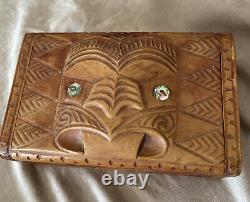 Vintage Large Maori New Zealand Wooden Hand Carved Tiki And Paua Shell Eyes Box