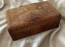 Vintage Large Maori New Zealand Wooden Hand Carved Tiki And Paua Shell Eyes Box