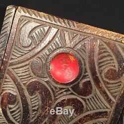 Vintage Maori Carved Tattoo Box New Zealand Wood Abalone Shell Tiki PRIORITY