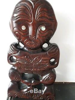 Vintage Maori Carved Wood Tiki Totem Abalone Shell Eyes New Zealand 1960ties