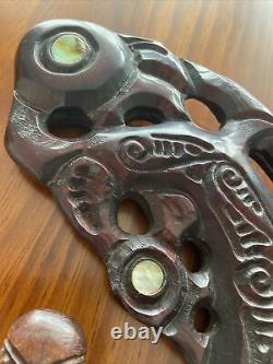 Vintage Maori New Zealand Wooden Hand Carved Wahaika Patu War Club Plus X 2 Tiki