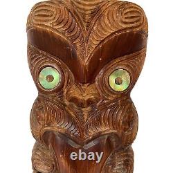 Vintage Maori Rotorua New Zealand Moana Wood Carving Polynesian Shell Tiki 18