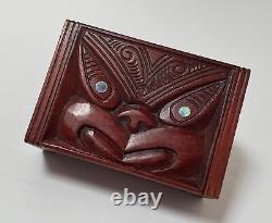 Vintage Maori Tiki Hand Carved Wooden Feather Trinket Box New Zealand Tribal