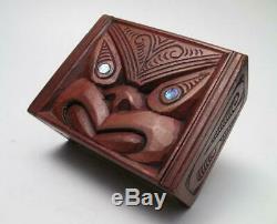 Vintage Maori Tiki Hand Carved Wooden Feather Trinket Box New Zealand Tribal