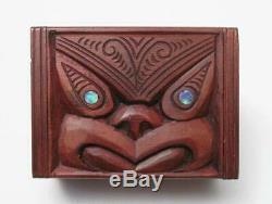 Vintage Maori Tiki Hand Carved Wooden Feather Trinket Box New Zealand Tribal