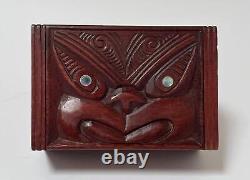 Vintage Maori Tiki Hand Carved Wooden Feather Trinket Box New Zealand Tribal