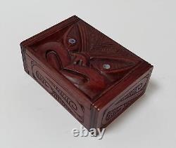 Vintage Maori Tiki Hand Carved Wooden Feather Trinket Box New Zealand Tribal