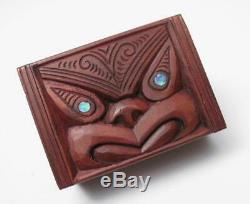 Vintage Maori Tiki Hand Carved Wooden Feather Trinket Box New Zealand Tribal