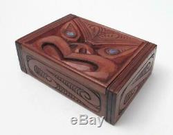 Vintage Maori Tiki Hand Carved Wooden Feather Trinket Box New Zealand Tribal