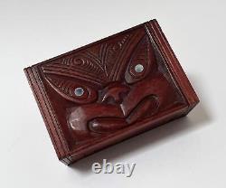 Vintage Maori Tiki Hand Carved Wooden Feather Trinket Box New Zealand Tribal