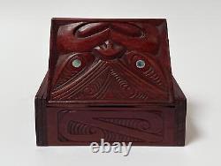 Vintage Maori Tiki Hand Carved Wooden Feather Trinket Box New Zealand Tribal