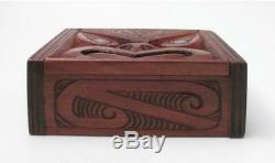 Vintage Maori Tiki Hand Carved Wooden Feather Trinket Box New Zealand Tribal