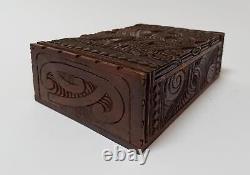 Vintage Maori Tiki Hand Carved Wooden Feather Trinket Box New Zealand Tribal