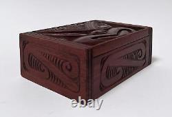 Vintage Maori Tiki Hand Carved Wooden Feather Trinket Box New Zealand Tribal