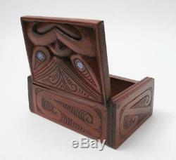 Vintage Maori Tiki Hand Carved Wooden Feather Trinket Box New Zealand Tribal