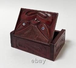 Vintage Maori Tiki Hand Carved Wooden Feather Trinket Box New Zealand Tribal