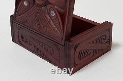 Vintage Maori Tiki Hand Carved Wooden Feather Trinket Box New Zealand Tribal