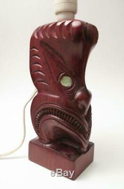 Vintage Maori Tiki Hand Carved Wooden Lamp Base Paua Shell New Zealand Bar