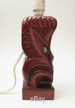 Vintage Maori Tiki Hand Carved Wooden Lamp Base Paua Shell New Zealand Bar